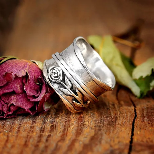 Vista 6 de Boho-Magic Anillo giratorio de plata de ley 925 para mujer, diseño de flor rosa, alivio de la ansiedad, banda ancha