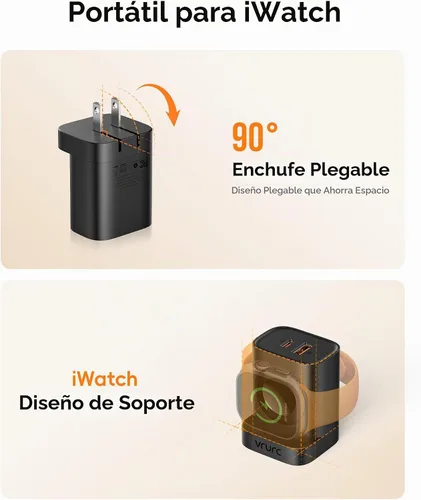 Vista 5 de VRURC Cargador para iPhone y Apple Watch, bloque de carga rápida USB C de 20 W, adaptador de viaje compacto 3 en 1 con 2 puertos para iPhone