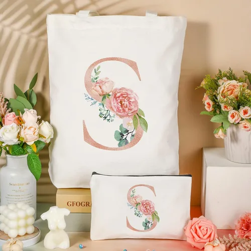 Vista 3 de Sanwuta 2 bolsas de lona con inicial, diseño floral con letras florales, bolsas de cosméticos de viaje, bolsas con monograma para mujer, mujer