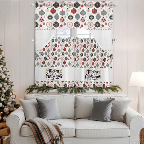 Vista 4 de Juego de 3 cortinas de cocina con festón de Navidad con cenefa, 3 piezas con bolsillo para barra, cortinas para dormitorio, sala de estar, baño