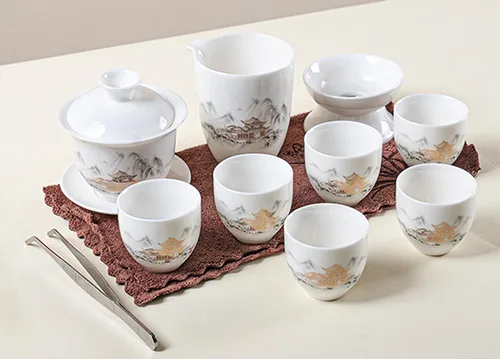 Vista 8 de Juego de té de jade blanco Gaiwan Gongfu chino - 6 tazas estilo japonés en casa