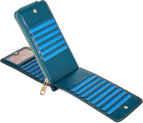 Vista 2 de FOXLOVER Portatarjetas de crédito múltiples para mujer, con bloqueo RFID, cartera de cuero para mujer con bolsillo con cremallera, Azul