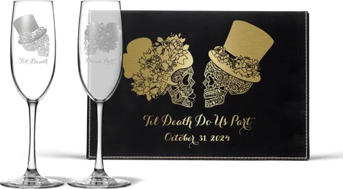 Vista 11 de Alterd Industries - Juego de 2 copas de champán personalizadas con calavera de azúcar, Til Death Do Us Part, Dia de los Muertos, regalos de boda