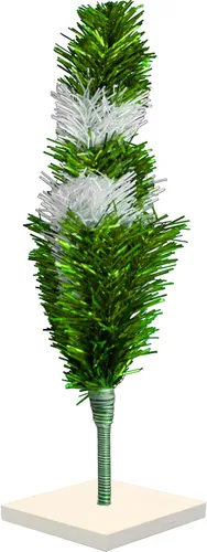Vista 5 de Árbol de Navidad verde metálico y blanco mate, cepillo artificial en capas de oropel sin encender con soporte incluido (18 pulgadas)