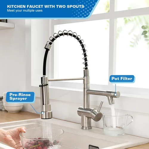 Vista 2 de VFAUOSIT - Grifo de cocina comercial, grifo de cocina con rociador extraíble, grifo de fregadero de cocina, grifo de fregadero de cocina de níquel