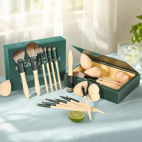 Vista 3 de DUcare Juego de 18 brochas de maquillaje, esponjas de maquillaje, bolsa de Beige
