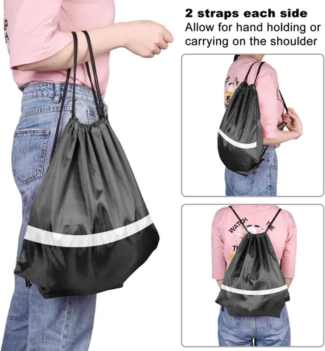 Vista 6 de KUUQA Mochila con cordón y tira reflectante, mochila de cuerda, bolsa de cincha a granel para escuela, yoga, deporte, gimnasio, viajes, Negro