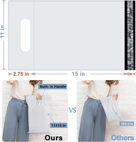 Vista 2 de Poly Mailers 11×15 pulgadas con asa, envío sobres bolsas con auto-adhesivo