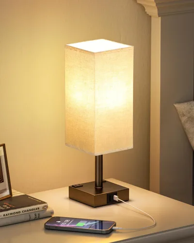 Vista 12 de Lámpara de mesa de noche táctil, con pantalla, puertos de carga USB C+A y salidas de CA duales, para dormitorio, sala de estar, oficina