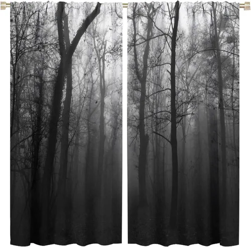 Vista 26 de Cortinas góticas rústicas con estampado de cuervo de bosque brumoso, rama, luna, bolsillo para barra, cortinas de ventana para dormitorio, sala