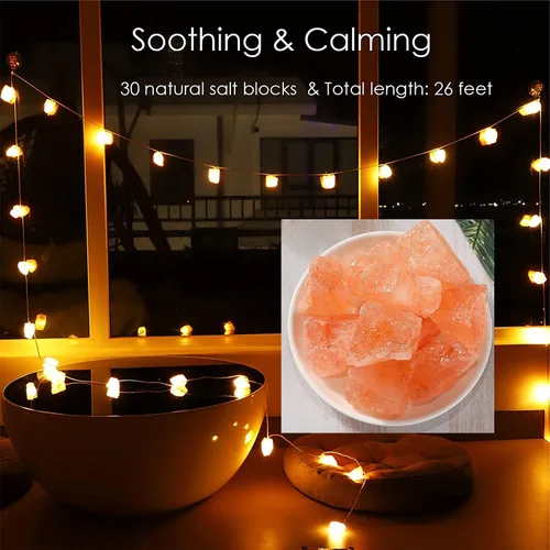 Vista 7 de Guirnalda de luces de sal del Himalaya con interruptor, 20 luces LED de bloque de sal natural con interfaz USB adecuadas para decorar el hogar