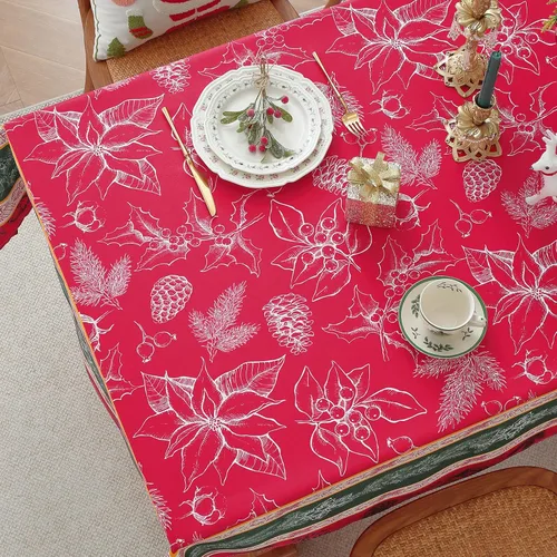 Vista 8 de SASTYBALE - Mantel navideño rectangular de 52x70 pulgadas, con diseño vintage de Flor de Pascua y acebo, resistente a las arrugas, para cenas
