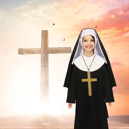Vista 6 de Mepase Conjunto de 3 piezas de disfraz de monja para niñas, disfraz de monja para niñas, disfraz de monja con bata de hermana católica, sombrero
