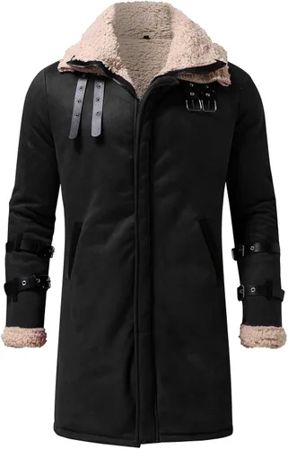 Vista 3 de WOSJKDJ Chaqueta de cuero de ante para hombre, abrigo térmico de piel sintética con forro de sherpa para invierno, abrigo con bolsillos, Negro