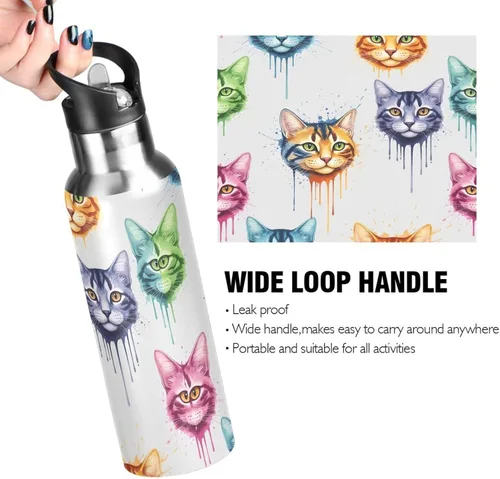 Vista 4 de Insulated Stainless Steel Water Bottle with Straw 32 Oz, BPA-Free Sport Water Bottle for Gym Outdoor Travel School, Colorful Cats Tie Dye