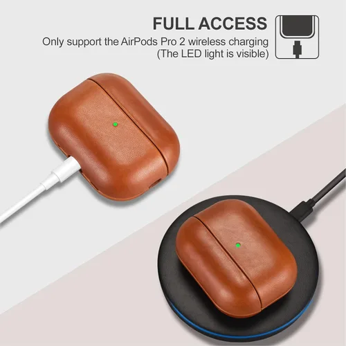 Vista 4 de ICARERFAMILY Funda de cuero para AirPods Pro 2 (2022), funda protectora de cuero genuino a prueba de golpes para AirPods Pro 2 auriculares estuche