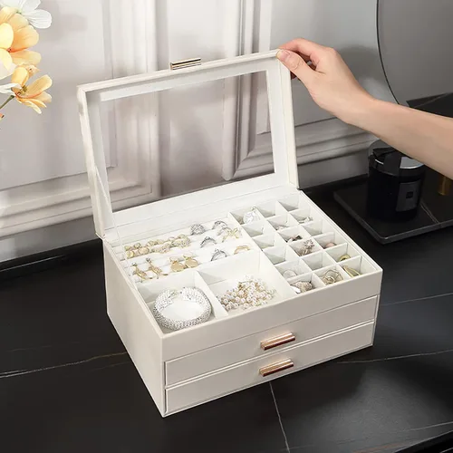Vista 3 de Joyero de 3 capas con tapa de acrílico transparente, organizador de joyas de piel sintética para mujeres, adolescentes, niñas y niños, caja
