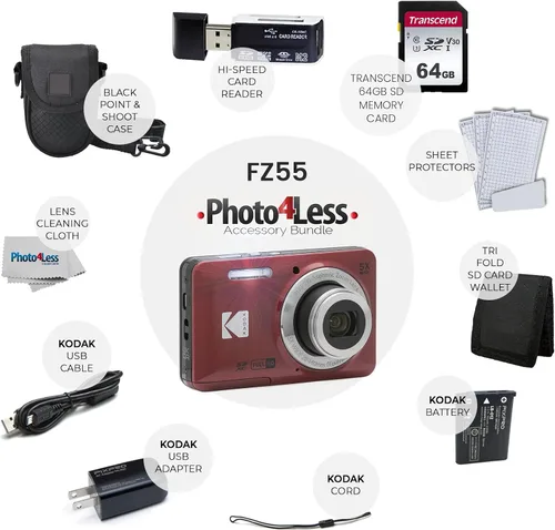 Vista 2 de Kodak PIXPRO FZ55, Cámara digital de 16 MP con gran angular de 28 mm (rojo) + paquete de accesorios