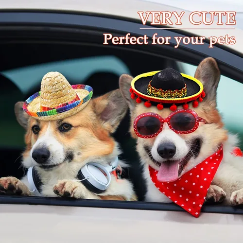 Vista 4 de 3 sombreros mexicanos, sombreros de fiesta de Cinco de Mayo, sombrero de tela para fiestas, diademas de paja para niños, mascotas, adultos, fiesta