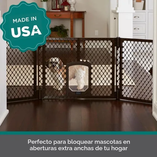 Vista 2 de MyPet Puerta extra ancha para perros con puerta pequeña para mascotas. 38.5 a 103.5 pulgadas de ancho. Puerta para gatos para puerta. Fabricado