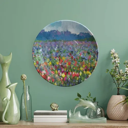 Vista 5 de Plato decorativo de porcelana redonda de 6 pulgadas, paisaje rural con ramo de flores de tulipán, prado de primavera, placa de exhibición para mesa