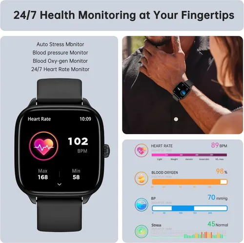 Vista 3 de JYUAJOI Reloj Inteligente de Salud y Fitness (Responder/Realizar Llamadas), Reloj Inteligente con Monitor de Frecuencia Cardíaca 24/7, Rastreador