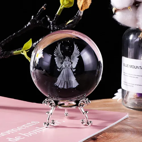 Vista 4 de Figuras de ángel guardián orante 3D, bola de cristal con soporte plateado, regalo conmemorativo para mujeres, amigas, personas especiales
