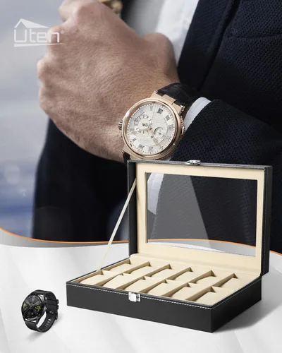 Vista 7 de Uten Organizador de relojes, caja de poliuretano con 12 ranuras y tapa de cristal, regalo del día de San Valentín, caja de exhibición de reloj
