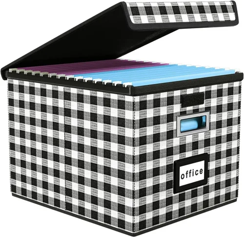 Vista 10 de Caja organizadora de archivos Huolewa con tapa, caja organizadora de carpetas de archivos colgantes de cuero sintético plegable con deslizadores