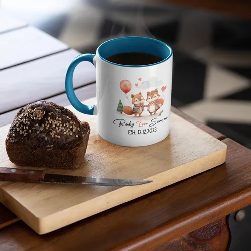 Vista 6 de Taza de café personalizada con diseño de zorro de 11 onzas, 15 onzas, divertida taza de viaje para pareja de zorros, taza de té con nombre y fecha