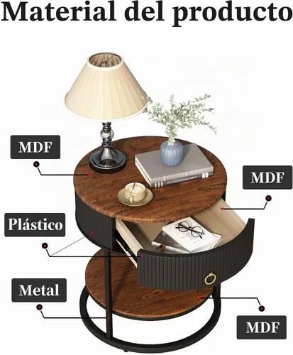 Vista 6 de OIOG - Mesa auxiliar redonda con cajón, mesa auxiliar moderna de madera con estante, mesa de noche de 2 niveles con cajón para sala de estar Negro