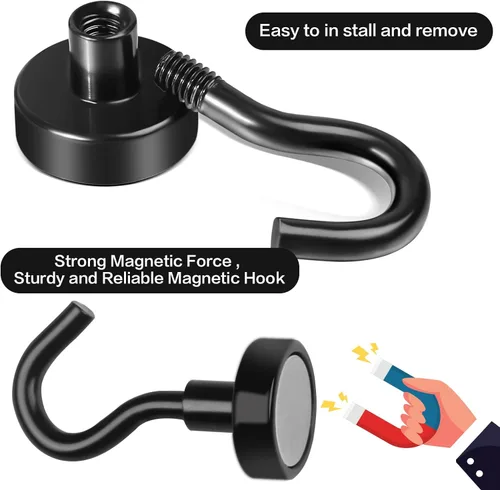 Vista 5 de E BAVITE Ganchos magnéticos negros, gancho magnético de neodimio fuerte de 30 libras para crucero, parrilla, toalla, colgar en interiores, cocina