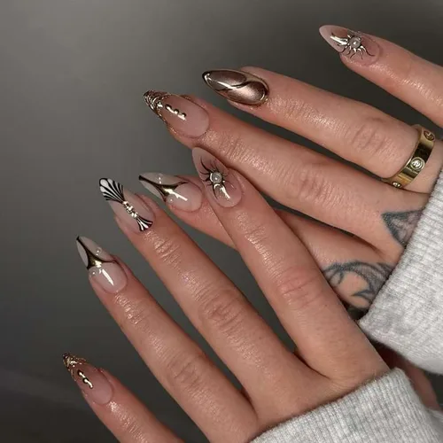 Vista 8 de IMSOHOT Uñas postizas a presión con forma de almendra, francesas, color azul medio, uñas postizas degradadas con purpurina con diseños de diamantes
