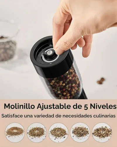 Vista 5 de TOMEEM Juego de molinillo eléctrico de sal y pimienta, recargable con indicador de alimentación LED, molienda ajustable de 5 niveles, luz LED