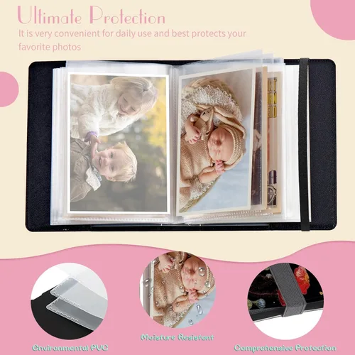 Vista 3 de Álbum de fotos de 4 x 6 pulgadas, capacidad para 60 fotos, cubierta de piel sintética, álbum de fotos con banda elástica fuerte, álbum de fotos