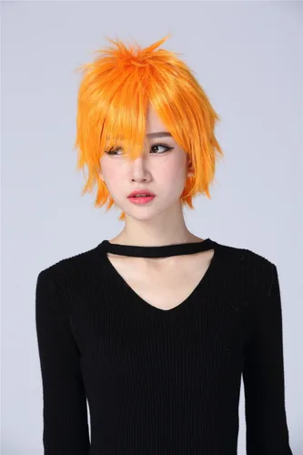 Vista 2 de Bleach Kurosaki Ichigo Traje Corto Naranja Partido Cosplay Pelucas, N