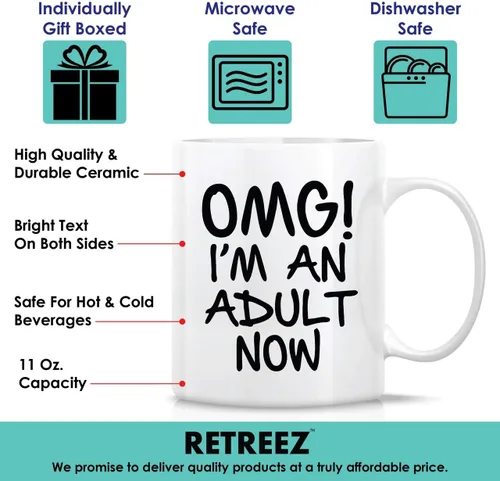 Vista 3 de Retreez Taza divertida – OMG! I'm an Adult Now - Tazas de café de cerámica de 11 onzas – Divertido, sarcasmo, sarcástico, motivacional, regalos