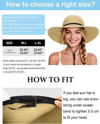Vista 4 de Sombreros de sol para mujer, sombrero de playa de paja de ala ancha de Beige