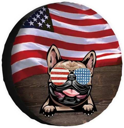 Vista 9 de Cubierta de llanta de repuesto para perro, lapphund finlandés con gafas de sol, bandera estadounidense, fundas protectoras de ruedas a prueba
