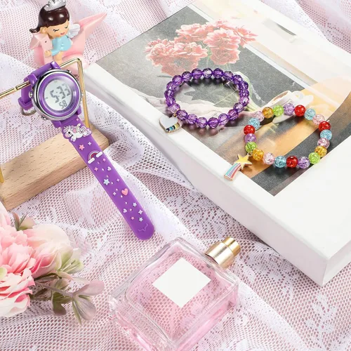 Vista 4 de 3 Pieces Kids Unicorn Watch and Unicorn Bracelet Waterproof Toddler Digital Watch Light Watch with Alarm Stopwatch Unicorn Christmas Valentine Day