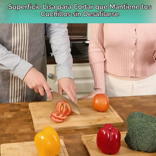 Vista 7 de Tablas de cortar de bambú para cocina, tabla de cortar de madera con soporte, juego de tablas de cortar de bambú reversible con ranuras para jugo