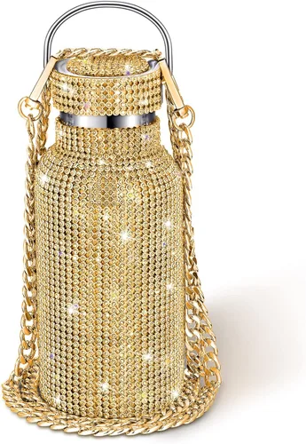 Vista 22 de Geiserailie Botella de agua con diamantes de imitación de acero inoxidable, térmica, recargable, aislada, con cadena, para mujeres y niñas