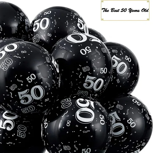 Vista 7 de Gejoy 36 globos negros de 12 pulgadas para cumpleaños de 50 años, decoraciones de fiesta de 50 años, globos de látex para hombres y mujeres