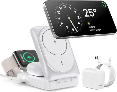 Vista 10 de Cargador Inalámbrico 3 en 1 Estación de Carga para iPhone, Soporte de Carga Magnético de 15W Certificado Qi2 para Mag-Safe con Adaptador USB C