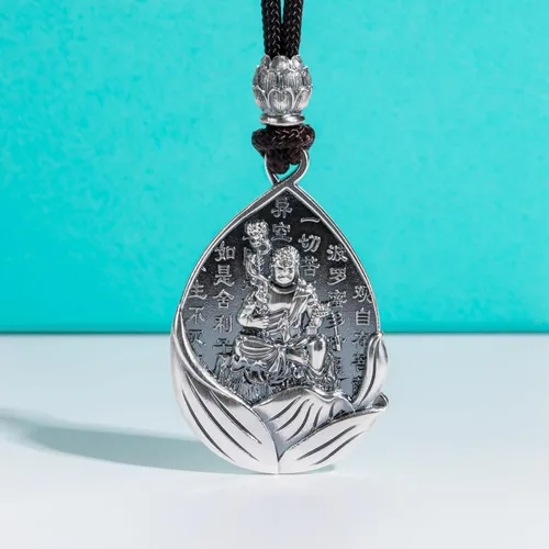 Vista 2 de AnuClub Collar con colgante de escultura de Buda Guanyin de plata de ley S999, amuleto de la suerte, joyería de San Patrono del zodiaco chino
