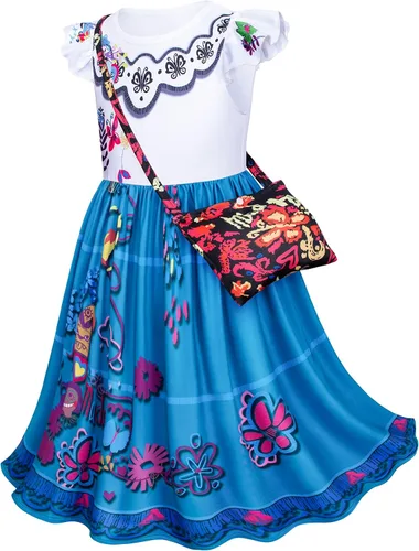 Vista 3 de Encanto Mirabel Isabella - Vestido de disfraz para niñas, cumpleaños, Halloween, con accesorios, Azul, verde