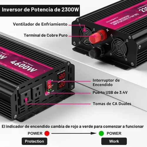 Vista 3 de Inversor de corriente de 2300 W, de 12 V CC a CA 110 V/120 V de potencia máxima de 4600 W con 2 tomas de CA y 2 puertos USB 2.4, pantalla LCD.