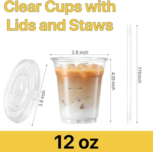 Vista 2 de Plastic Clear Cups [12 oz] with Lids and Straws [10 Set] Disposable Cold Beverage Drinking Iced Coffee Water Juice Tea Party Travel Cafe School
