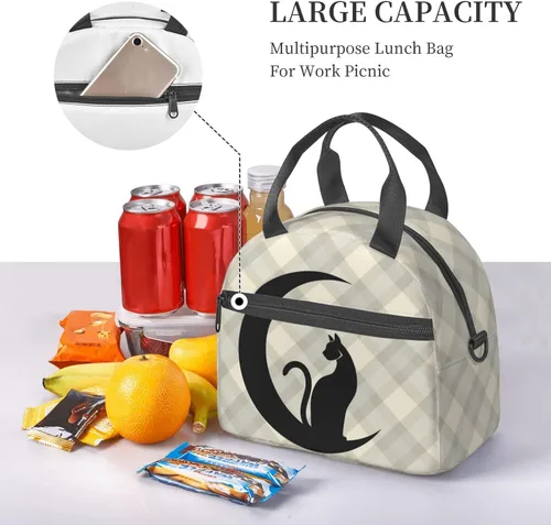 Vista 6 de Bolsa de almuerzo con diseño de gato negro a cuadros, reutilizable, aislada, bolsa de almuerzo con correa de hombro ajustable para oficina, trabajo