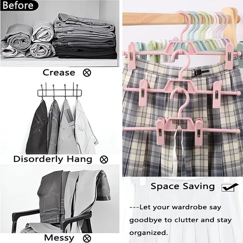 Vista 6 de Paquete de 10 perchas de plástico para pantalones con clips, colgador de faldas que ahorran espacio con clips giratorios y ajustables de 360°